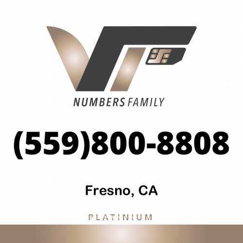 VIP Numbers Family platinum logo with the vip phone number with a rare area code (559) 800-8808 Visit vipnumbersfamily.com to purchase usa numbers