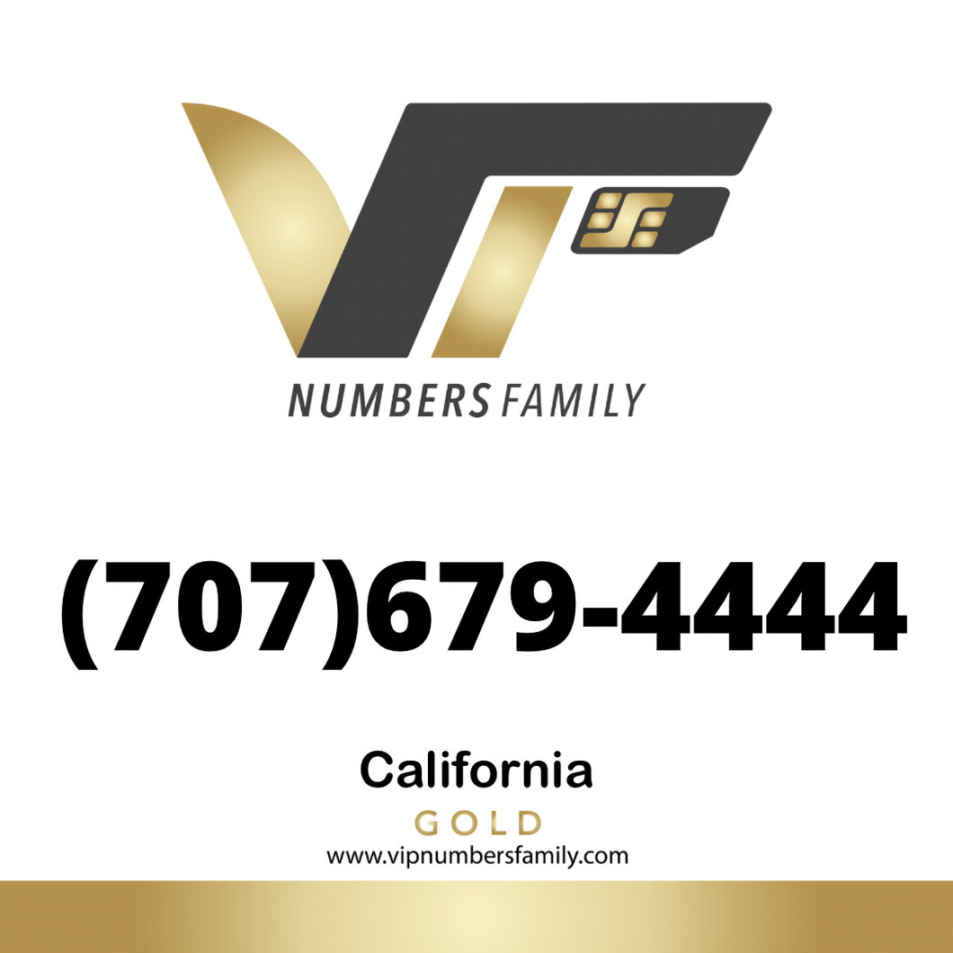 VIP Numbers Family gold logo with the vip phone number with a rare area code (707) 679-4444 Visit vipnumbersfamily.com to purchase usa numbers