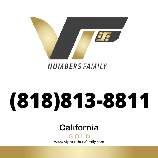 VIP Numbers Family gold logo with the vip phone number with a rare area code (818) 813-8811 Visit vipnumbersfamily.com to purchase usa numbers