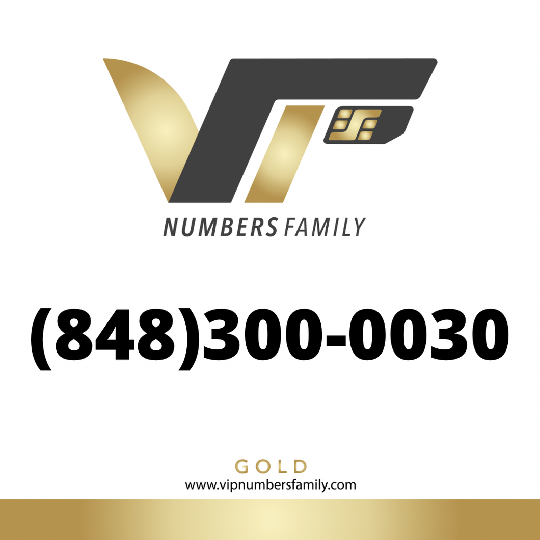 VIP Numbers Family Gold logo with the gold phone number (848) 300-0030 Visit vipnumbersfamily.com to purchase