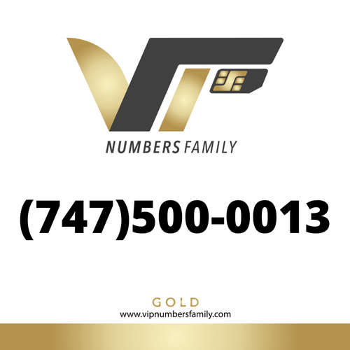 VIP Numbers Family Gold logo with the gold phone number (747) 500-0013 Visit vipnumbersfamily.com to purchase