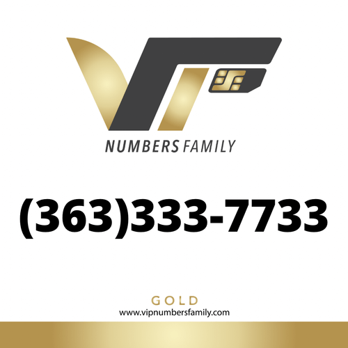 VIP Numbers Family Gold logo with the gold phone number (363) 333-7733 Visit vipnumbersfamily.com to purchase