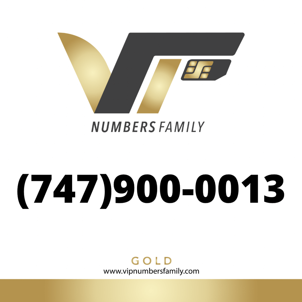 VIP Numbers Family Gold logo with the gold phone number (747) 900-0013 Visit vipnumbersfamily.com to purchase