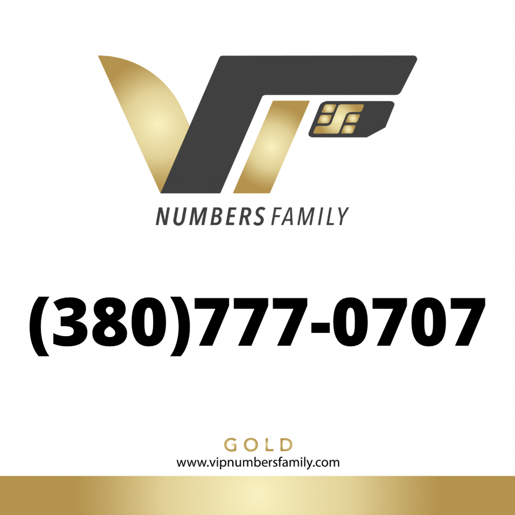 VIP Numbers Family Gold logo with the gold phone number (380) 777-0707 Visit vipnumbersfamily.com to purchase