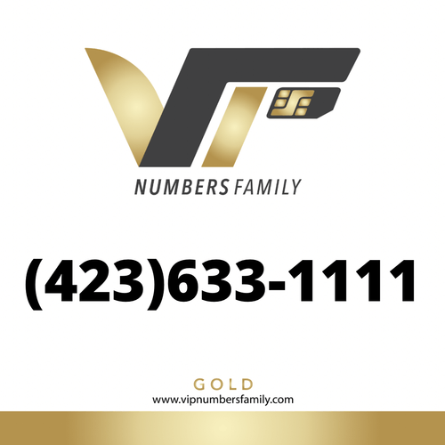 VIP Numbers Family gold logo with the vip phone number with a rare area code (423) 633-1111 Visit vipnumbersfamily.com to purchase usa numbers