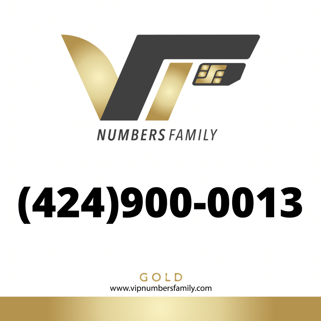 VIP Numbers Family Gold logo with the gold phone number (424) 900-0013 Visit vipnumbersfamily.com to purchase