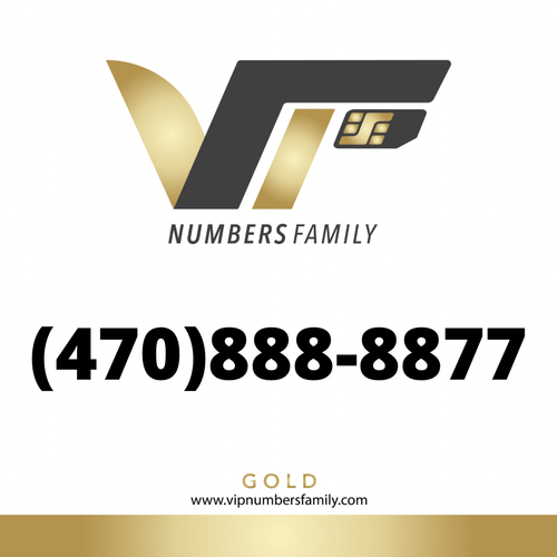 VIP Numbers Family Gold logo with the gold phone number (470) 888-8877 Visit vipnumbersfamily.com to purchase
