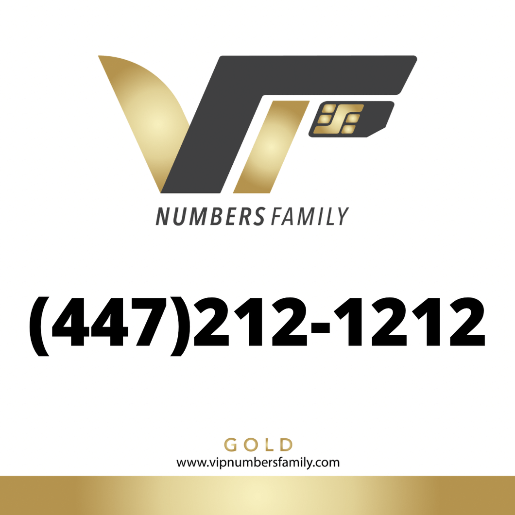 VIP Numbers Family gold logo with the vip phone number with a rare area code (447) 212-1212 Visit vipnumbersfamily.com to purchase usa numbers