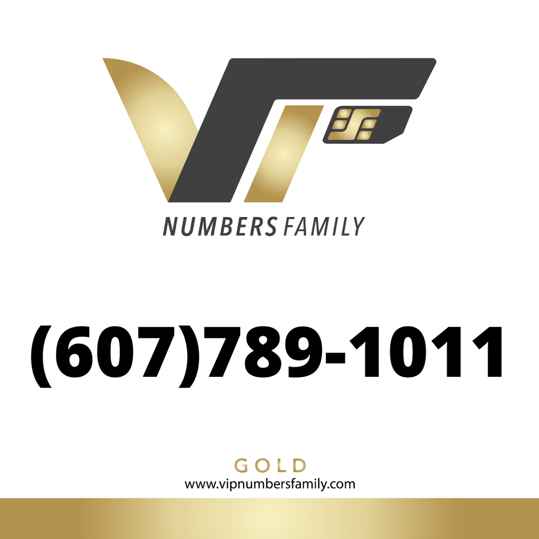 VIP Numbers Family gold logo with the vip phone number with a rare area code (607) 789-1011 Visit vipnumbersfamily.com to purchase usa numbers