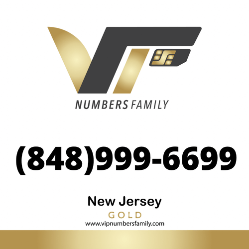 VIP Numbers Family Gold logo with the gold phone number (848) 999-6699 Visit vipnumbersfamily.com to purchase