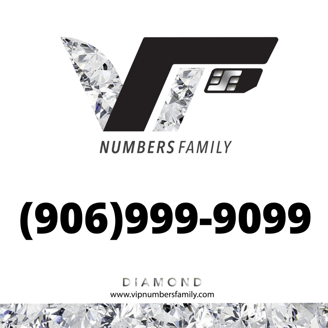 VIP Numbers Family Diamond logo with the diamond phone number (906) 999-9099 Visit vipnumbersfamily.com to purchase