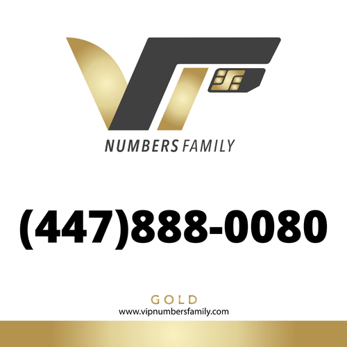 VIP Numbers Family gold logo with the vip phone number with a rare area code (447) 888-0080 Visit vipnumbersfamily.com to purchase usa numbers