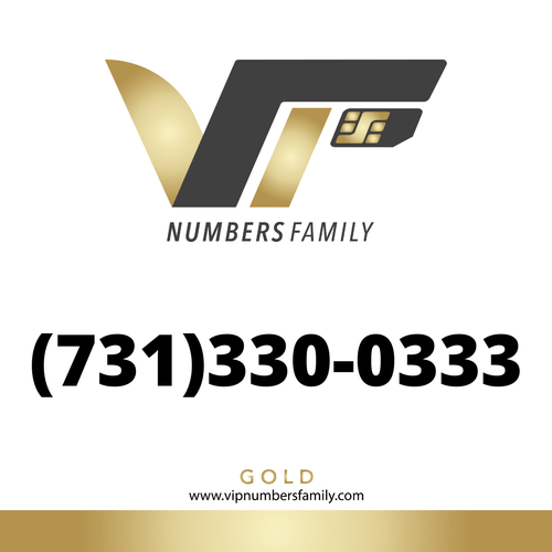 VIP Numbers Family gold logo with the vip phone number with a rare area code (731) 330-0333 Visit vipnumbersfamily.com to purchase usa numbers