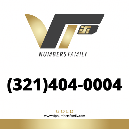 VIP Numbers Family gold logo with the vip phone number with a rare area code (321) 404-0004 Visit vipnumbersfamily.com to purchase usa number