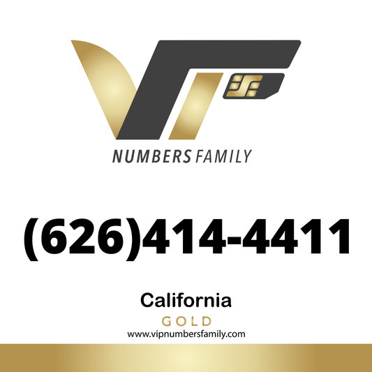 VIP Numbers Family gold logo with the vip phone number with a rare area code (626) 414-4411 Visit vipnumbersfamily.com to purchase usa numbers
