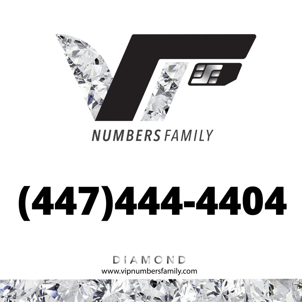 VIP Numbers Family diamond logo with the diamond phone number (447) 444-4404 Visit vipnumbersfamily.com to purchase