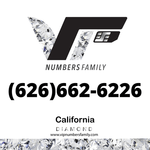 VIP Numbers Family diamond logo with the vip phone number with a rare area code (626) 662-6226 Visit vipnumbersfamily.com to purchase usa number