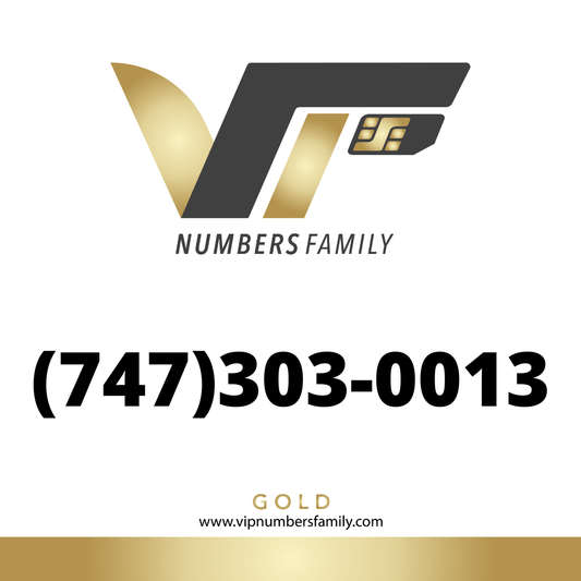 VIP Numbers Family gold logo with the vip phone number with a rare area code (747) 303-0013 Visit vipnumbersfamily.com to purchase usa numbers