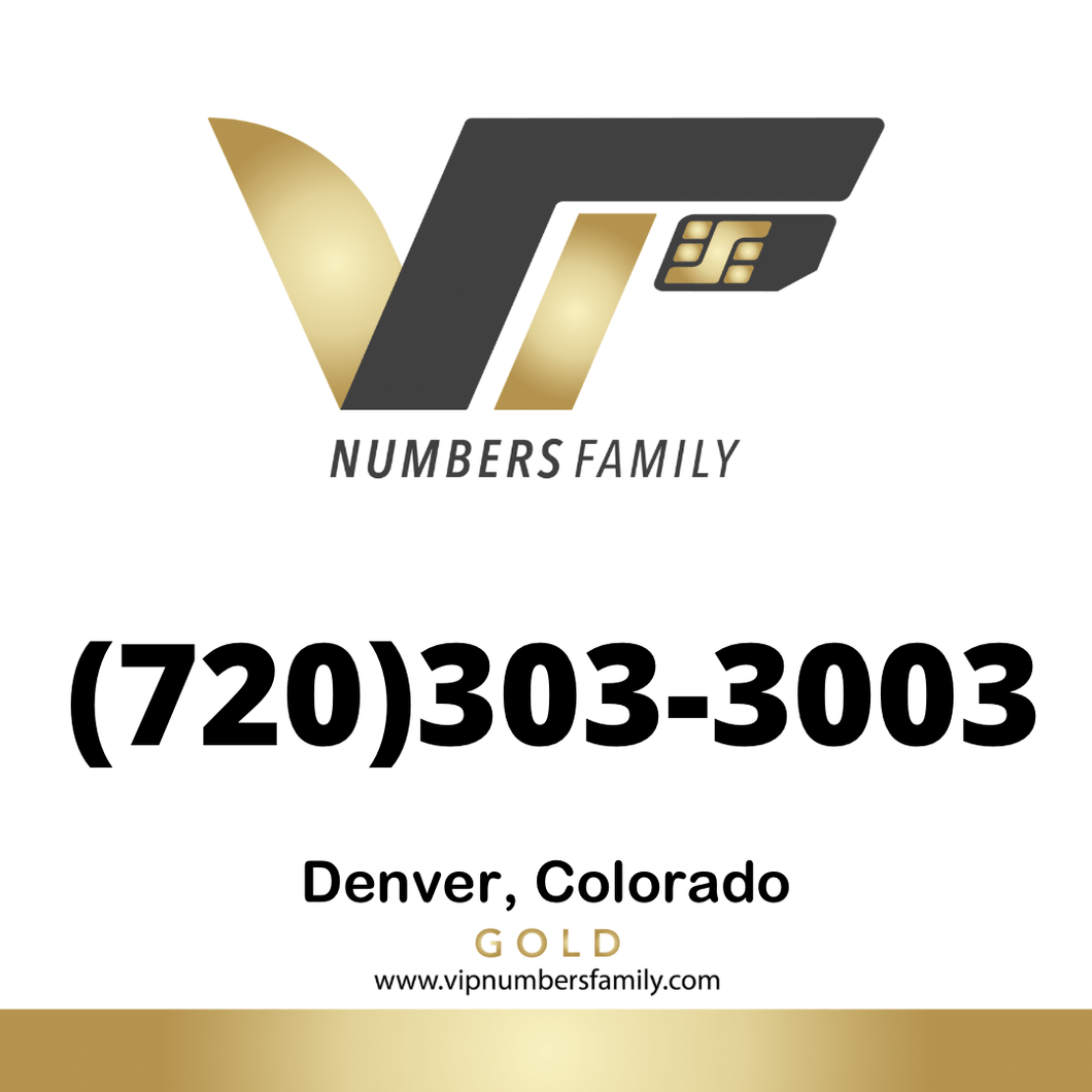 VIP Numbers Family gold logo with the vip phone number with a rare area code (720) 303-3003 Visit vipnumbersfamily.com to purchase usa numbers