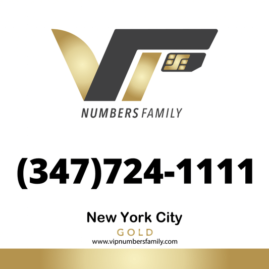 VIP Numbers Family gold logo with the vip phone number with a rare area code (347) 724-1111 Visit vipnumbersfamily.com to purchase usa numbers