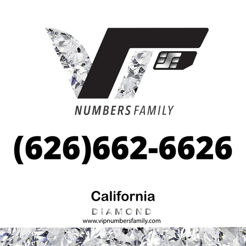 VIP Numbers Family diamond logo with the vip phone number with a rare area code (626) 662-6626 Visit vipnumbersfamily.com to purchase usa number