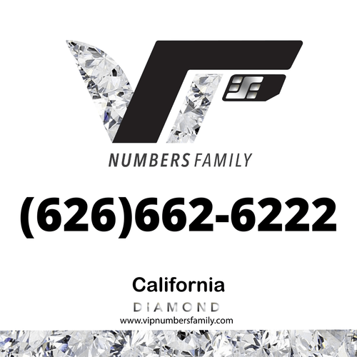 VIP Numbers Family diamond logo with the vip phone number with a rare area code (626) 662-6222 Visit vipnumbersfamily.com to purchase usa number