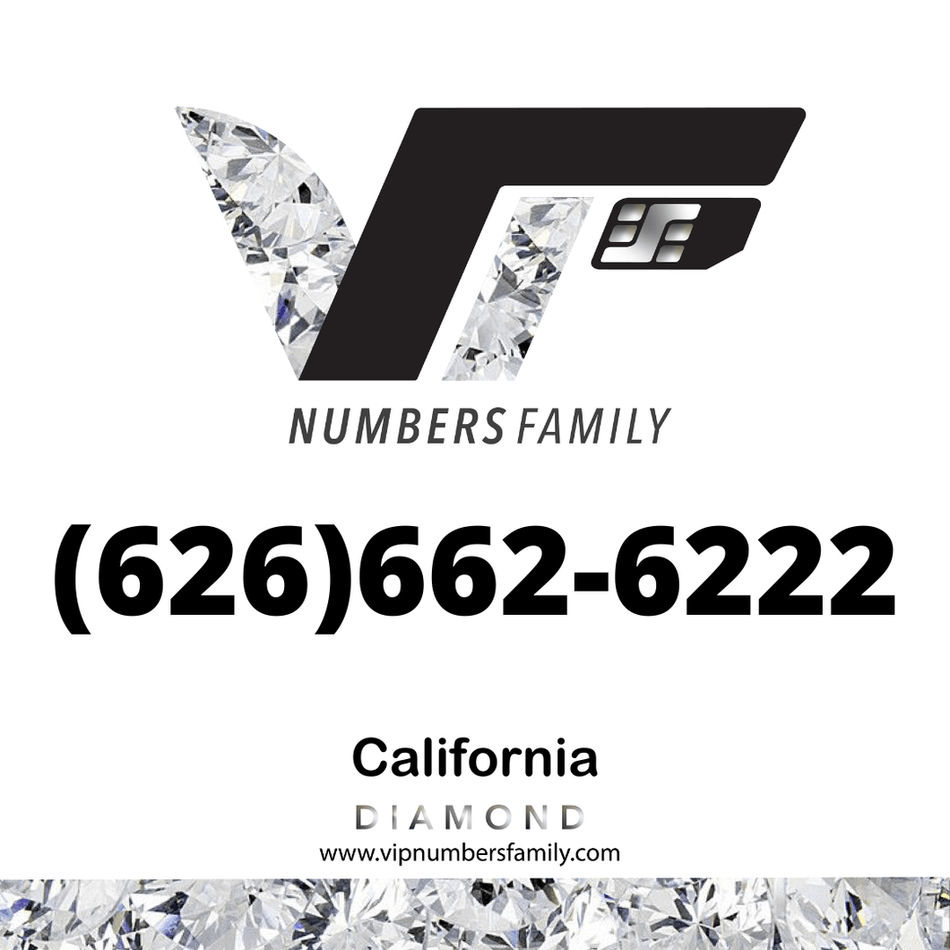 VIP Numbers Family diamond logo with the vip phone number with a rare area code (626) 662-6222 Visit vipnumbersfamily.com to purchase usa number