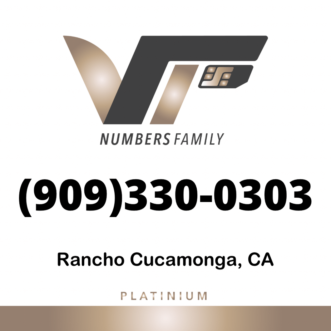 VIP Numbers Family platinum logo with the vip phone number with a rare area code (909) 330-0303 Visit vipnumbersfamily.com to purchase usa numbers