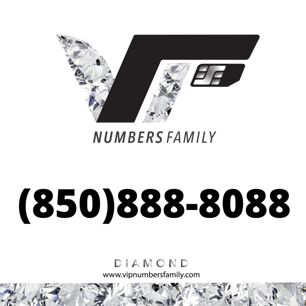 VIP Numbers Family Diamond logo with the diamond phone number (850) 888-8088 Visit vipnumbersfamily.com to purchase