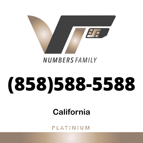 VIP Numbers Family platinum logo with the vip phone number with a rare area code (858) 588-5588 Visit vipnumbersfamily.com to purchase usa number