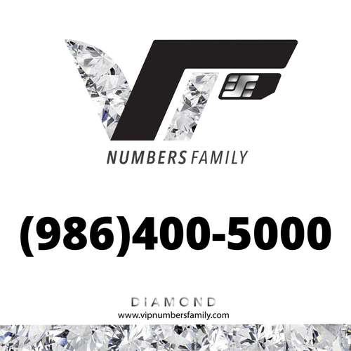 VIP Numbers Family diamond logo with the vip phone number with a rare area code (986) 400-5000 Visit vipnumbersfamily.com to purchase usa numbers