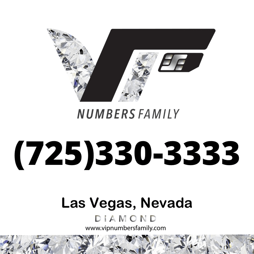 VIP Numbers Family diamond logo with the vip phone number with a rare area code (725) 330-3333 Visit vipnumbersfamily.com to purchase usa numbers