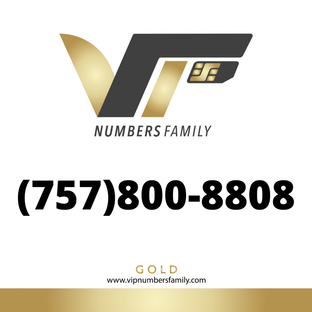 VIP Numbers Family Gold logo with the gold phone number (757) 800-8808 Visit vipnumbersfamily.com to purchase