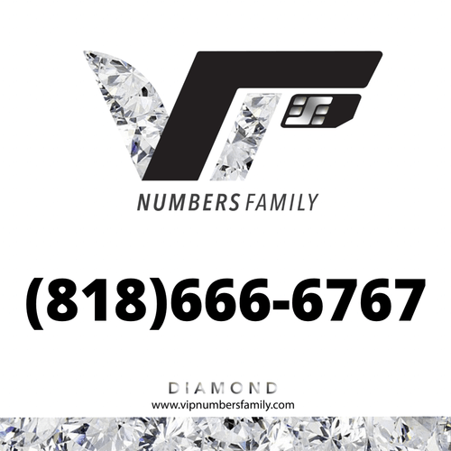 VIP Numbers Family diamond logo with the vip phone number with a rare area code (818) 666-6767 Visit vipnumbersfamily.com to purchase usa numbers