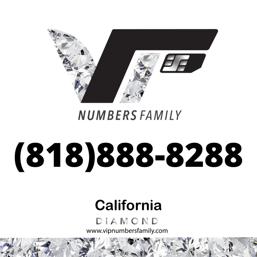 VIP Numbers Family Diamond logo with the diamond phone number (818) 888-8288 Visit vipnumbersfamily.com to purchase