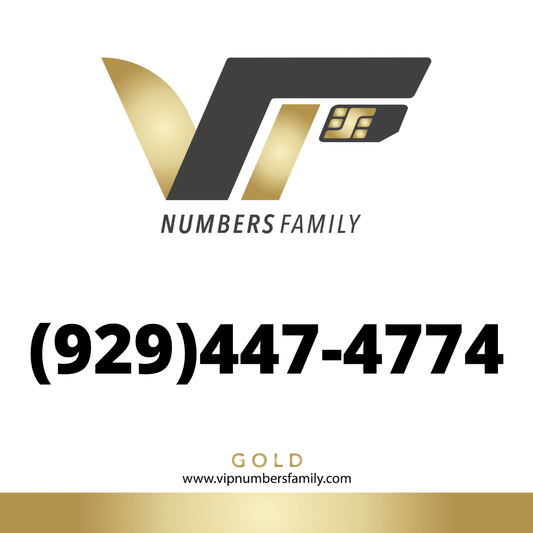 VIP Numbers Family gold logo with the vip phone number with a rare area code (929) 447-4774 Visit vipnumbersfamily.com to purchase usa number