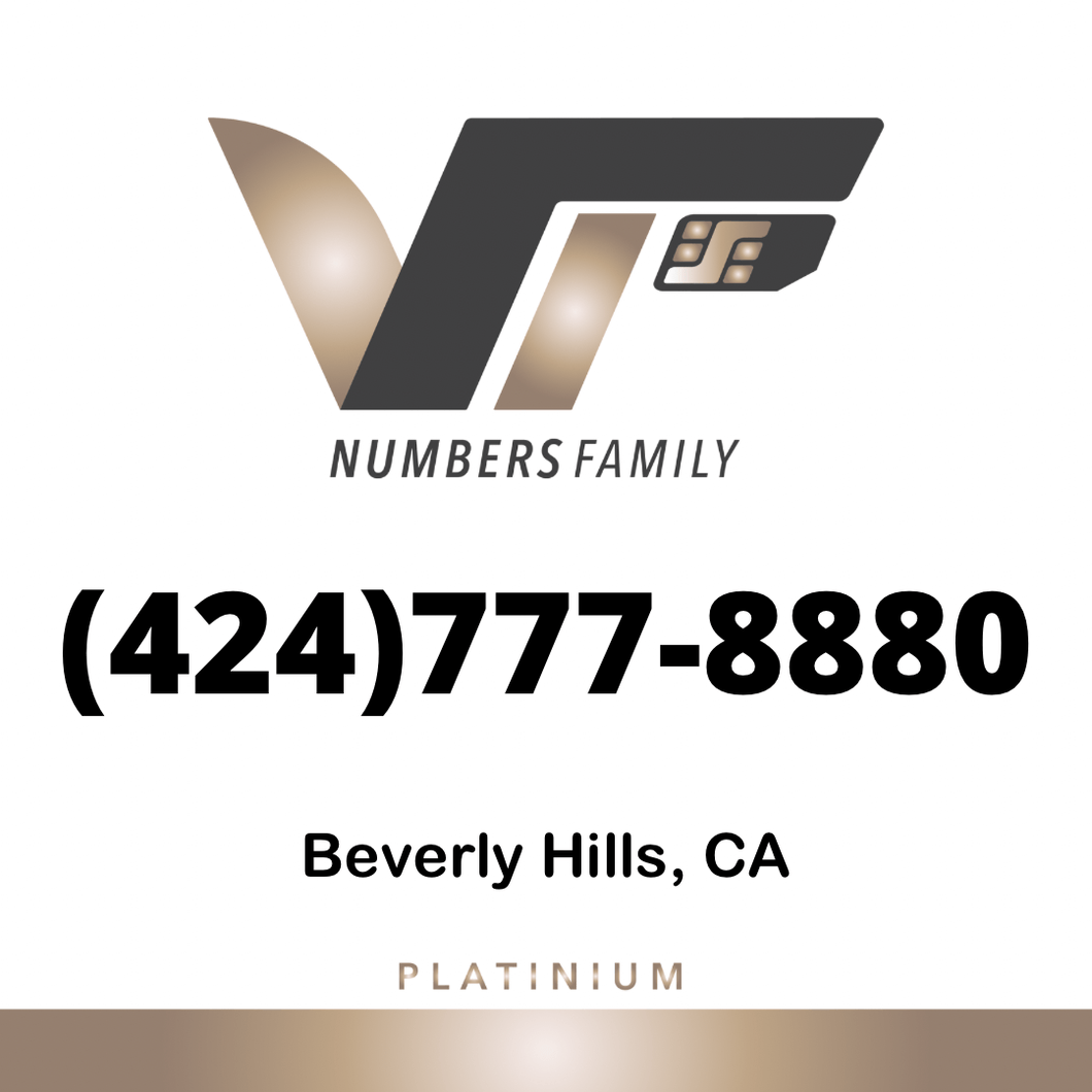 VIP Numbers Family platinum logo with the vip phone number with a rare area code (424) 777-8880 Visit vipnumbersfamily.com to purchase usa numbers