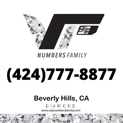 VIP Numbers Family diamond logo with the vip phone number with a rare area code (424) 777-8877 Visit vipnumbersfamily.com to purchase usa numbers