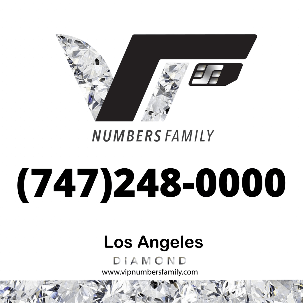 VIP Numbers Family Diamond logo with the diamond number (747) 248-0000 Visit vipnumbersfamily.com to purchase