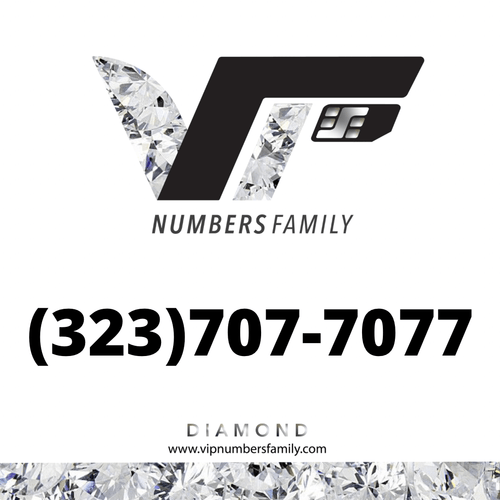 VIP Numbers Family diamond logo with the vip phone number with a rare area code (323) 707-7077 Visit vipnumbersfamily.com to purchase usa numbers