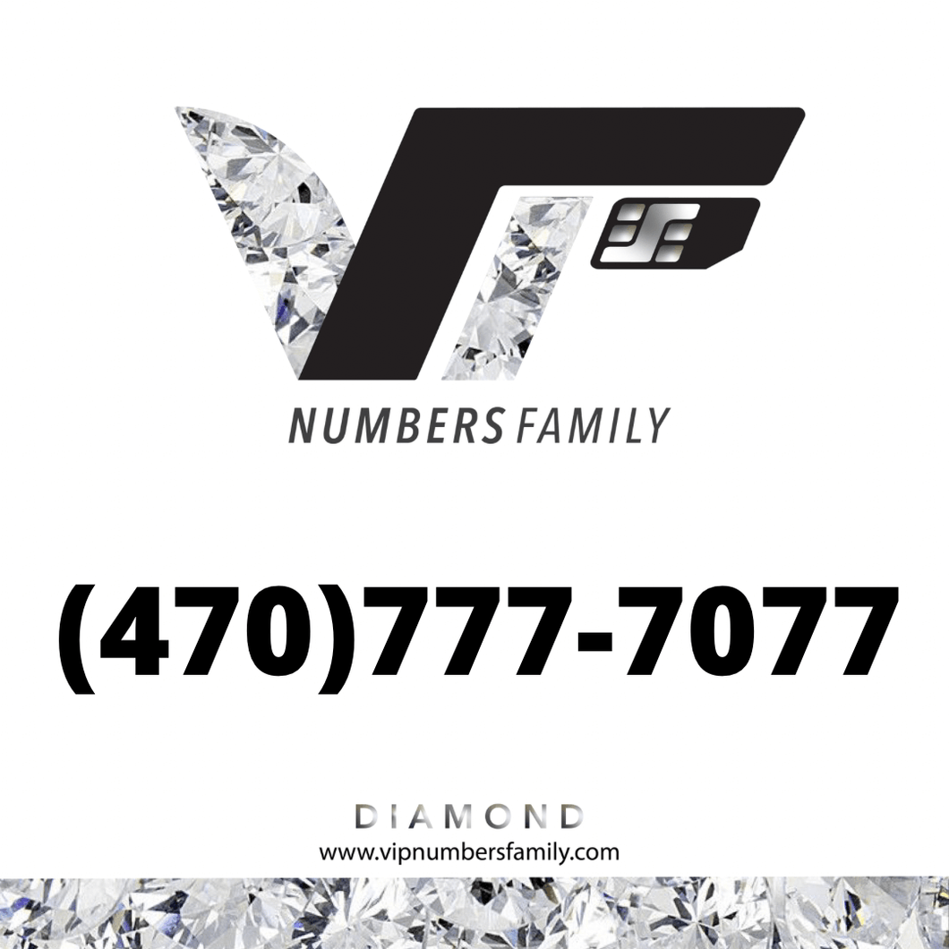 VIP Numbers Family Diamond logo with the diamond phone number (470) 777-7077 Visit vipnumbersfamily.com to purchase