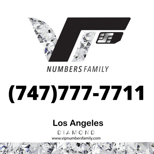 VIP Numbers Family diamond logo with the vip phone number with a rare area code (747) 777-7711 Visit vipnumbersfamily.com to purchase usa numbers