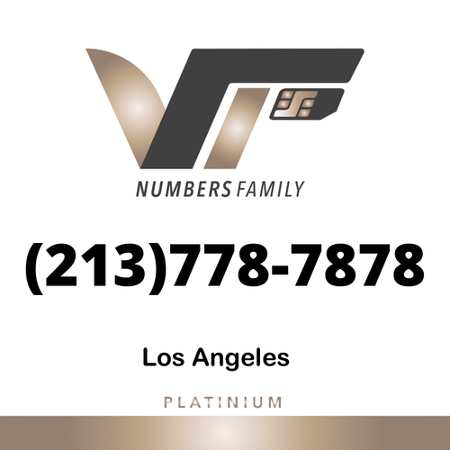 VIP Numbers Family platinum logo with the vip phone number with a rare area code (213) 778-7878 Visit vipnumbersfamily.com to purchase