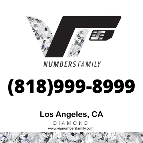 VIP Numbers Family Diamond logo with the diamond phone number (818) 999-8999 Visit vipnumbersfamily.com to purchase