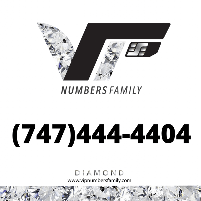 VIP Numbers Family Diamond logo with the diamond phone number (747) 444-4404 Visit vipnumbersfamily.com to purchase