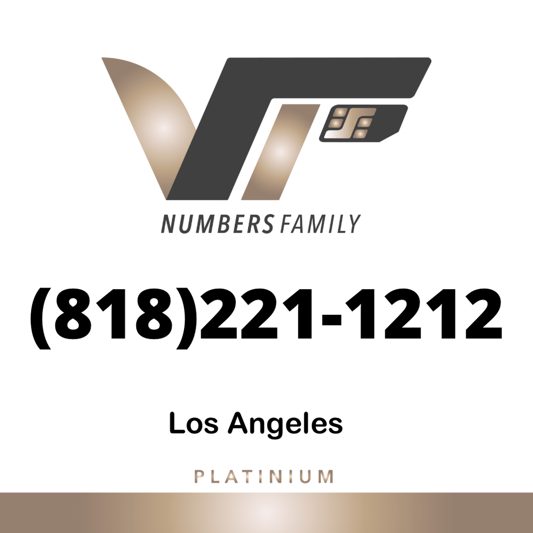 VIP Numbers Family platinum logo with the vip phone number with a rare area code (818) 221-1212 Visit vipnumbersfamily.com to purchase