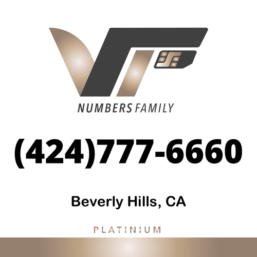 VIP Numbers Family platinum logo with the vip phone number with a rare area code (424) 777-6660 Visit vipnumbersfamily.com to purchase usa numbers