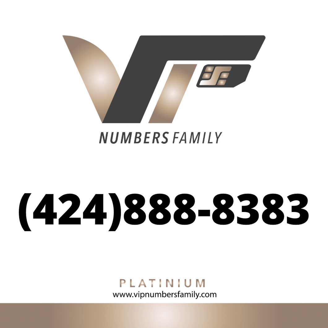 VIP Numbers Family platinum logo with the vip phone number with a rare area code (424) 888-8383 Visit vipnumbersfamily.com to purchase usa numbers