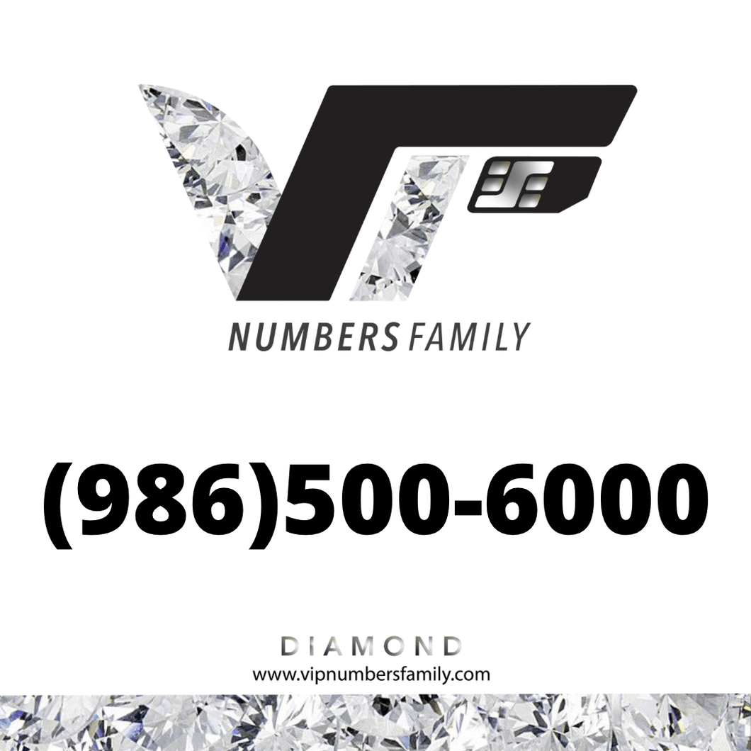 VIP Numbers Family diamond logo with the vip phone number with a rare area code (986) 500-6000 Visit vipnumbersfamily.com to purchase usa numbers