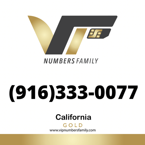 VIP Numbers Family Gold logo with the gold phone number (916) 333-0077 Visit vipnumbersfamily.com to purchase